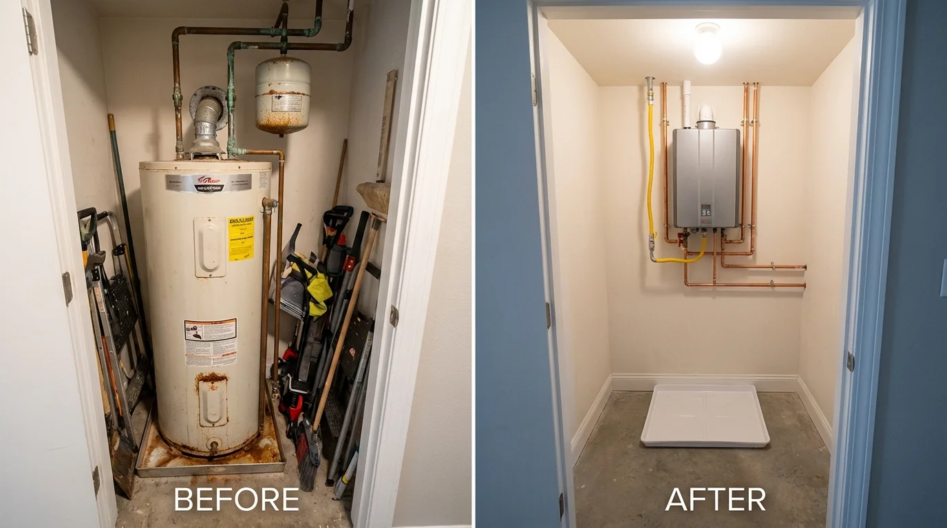 Tank water heater versus wall-mounted tankless unit comparison for Everett, MA homeowners
