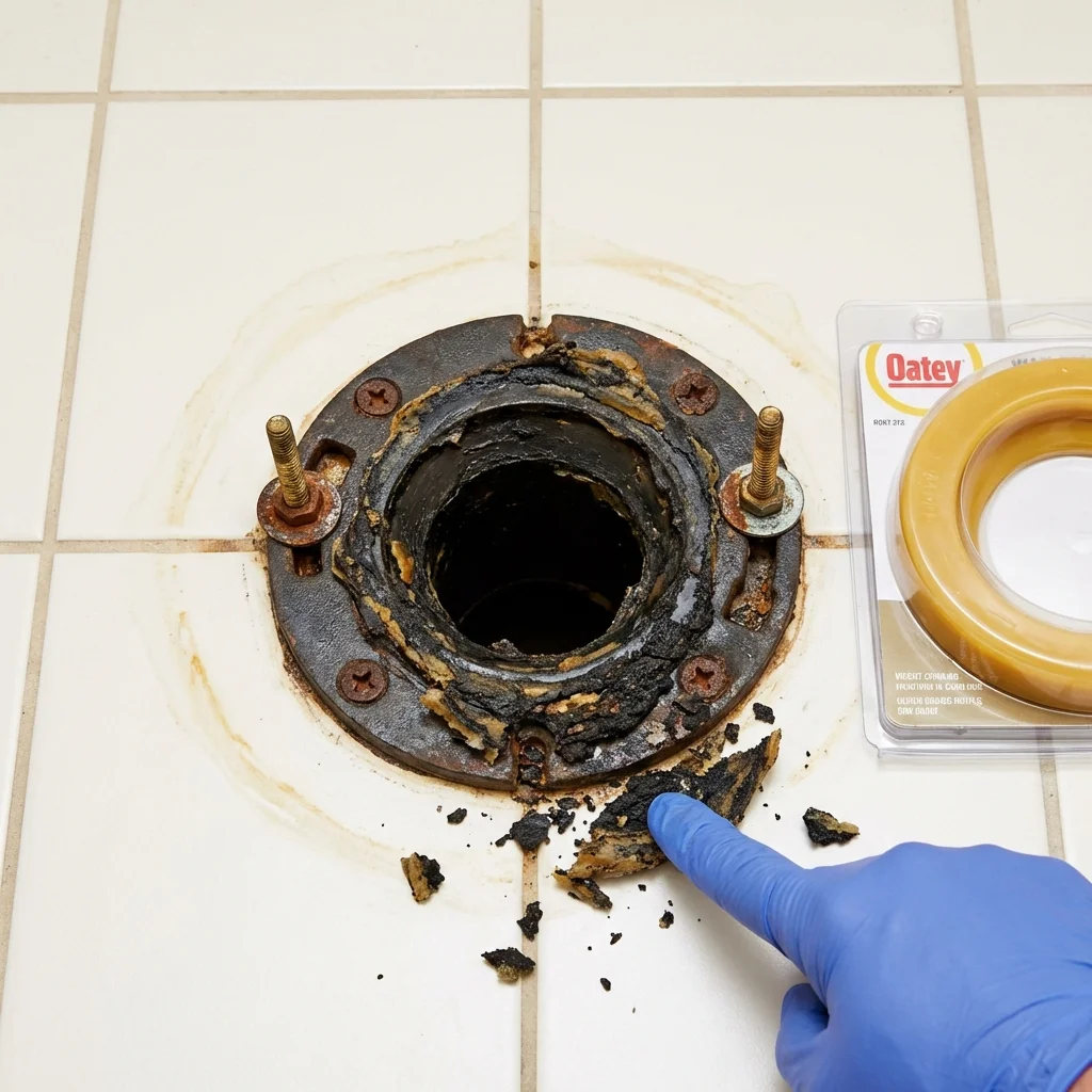 Failed wax ring showing water seepage at the base of a toilet in a Everett, MA home